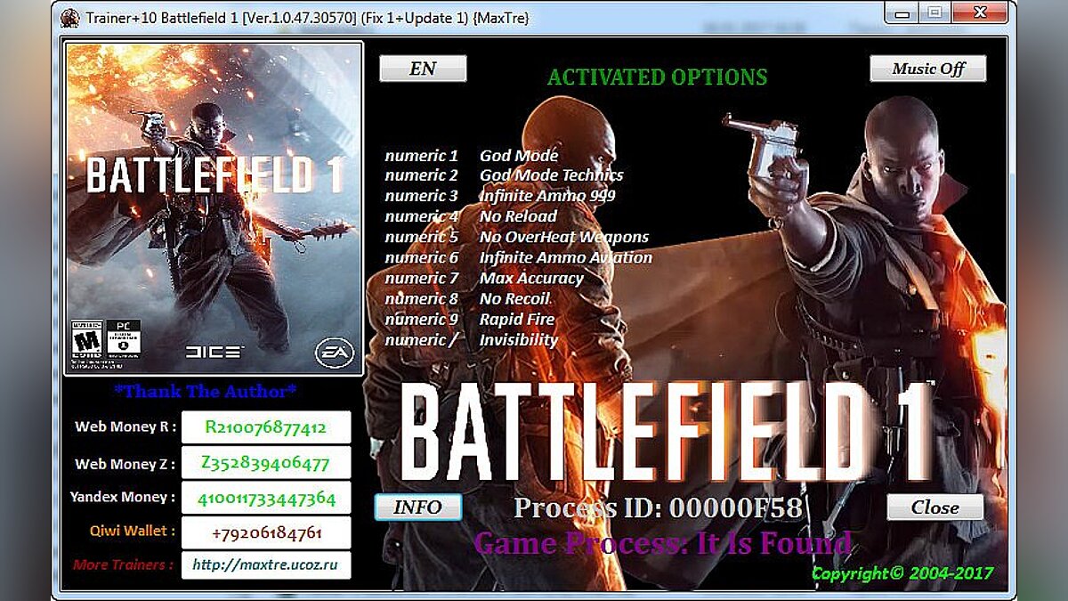 Battlefield 1 — Trainer (+10) [Ver.1.0.47.30570] (Fix 1+Update 1) [MaxTre]