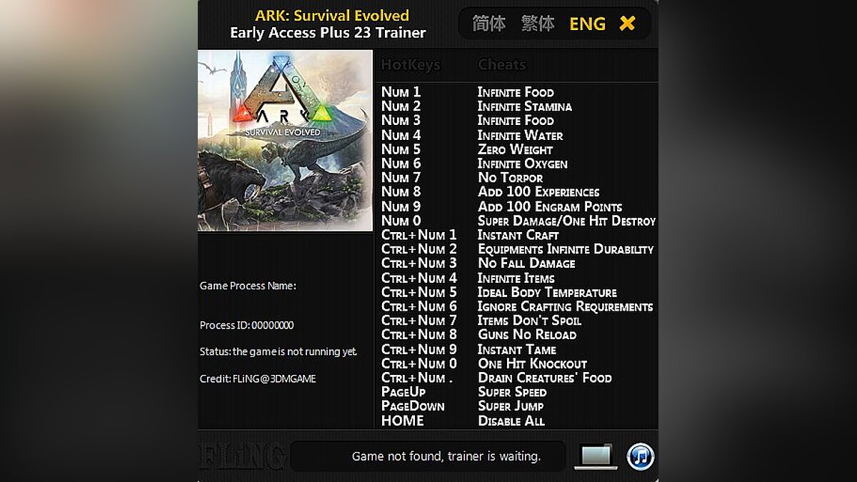 ARK: Survival Evolved — Trainer (+23) [Early Access: 02/22/2016] [FLiNG]