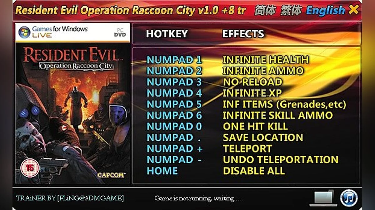 Resident Evil: Operation Raccoon City — Trainer (+8) [1.0] [FLiNG]