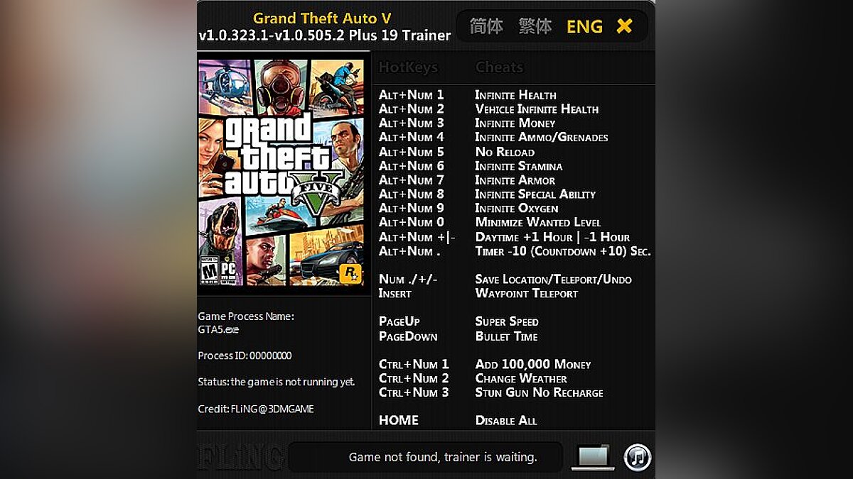 GTA 5 — Trainer (+19) [1.0.323.1 - 1.0.505.2] [FLiNG]