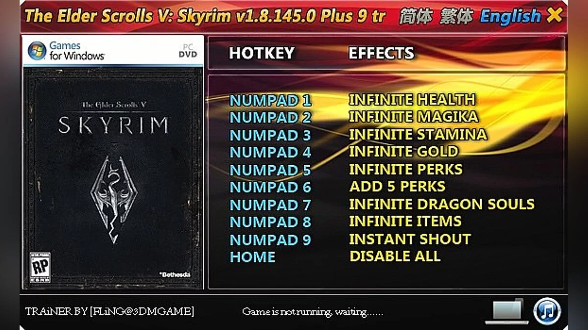 The Elder Scrolls 5: Skyrim — Trainer (+9) [1.8.145.0] [FLiNG]