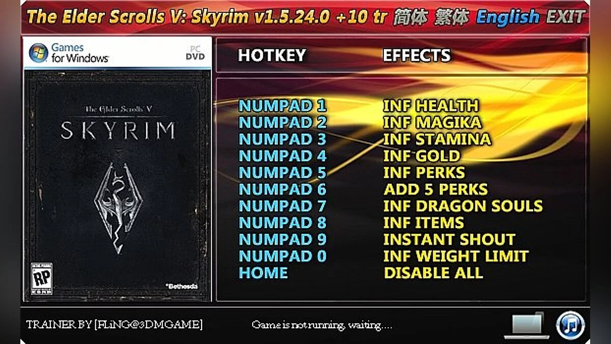 The Elder Scrolls 5: Skyrim — Trainer (+10) [1.5.24.0] [FLiNG]
