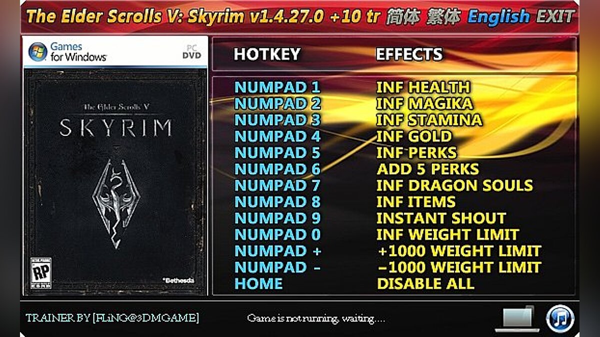 The Elder Scrolls 5: Skyrim — Trainer (+10) [1.4.27.0] [FLiNG]