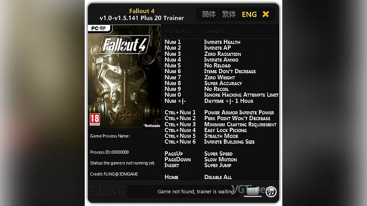 Fallout 4 — Entrenador / entrenador (+20) [1.0 - 1.5.141] [Fling]