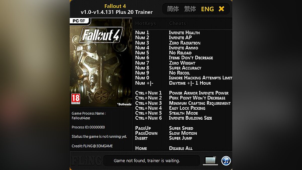 Fallout 4 — Trainer (+20) [1.0 - 1.4.131] [FLiNG]