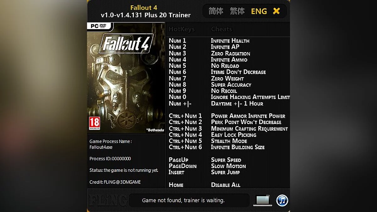 Fallout 4 — Entrenador / entrenador (+20) [1.0 - 1.4.131] [Fling]