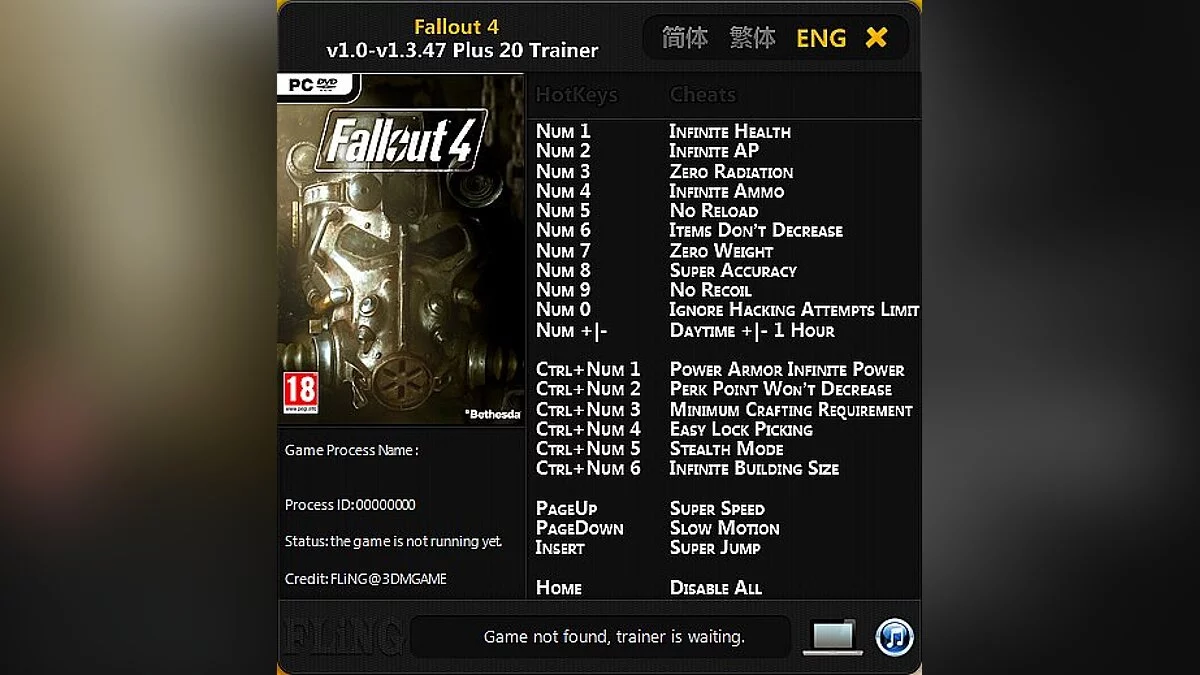 Fallout 4 — Entrenador / entrenador (+20) [1.0 - 1.3.47] [Fling]