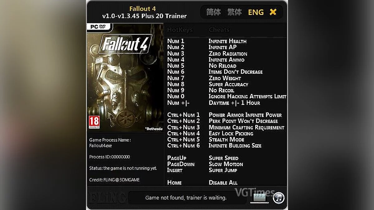 Fallout 4 — Entrenador / entrenador (+20) [1.0 - 1.3.45] [Fling]