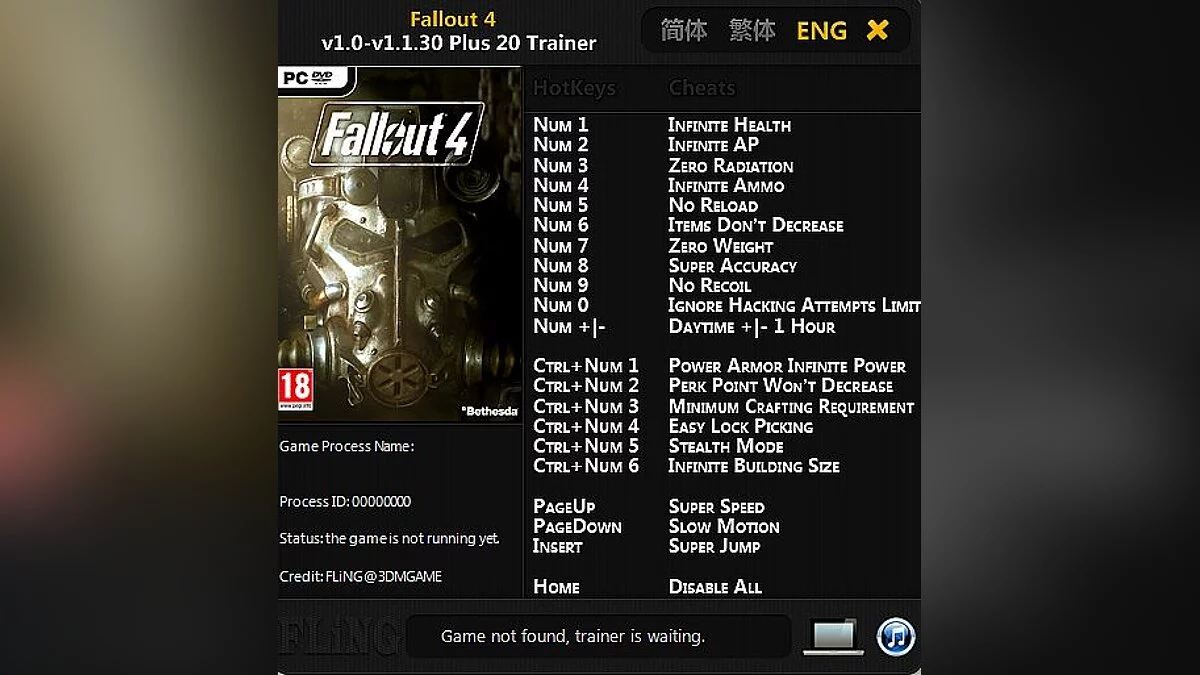 Fallout 4 — Trainer (+20) [1.0 - 1.1.30] [FLiNG]