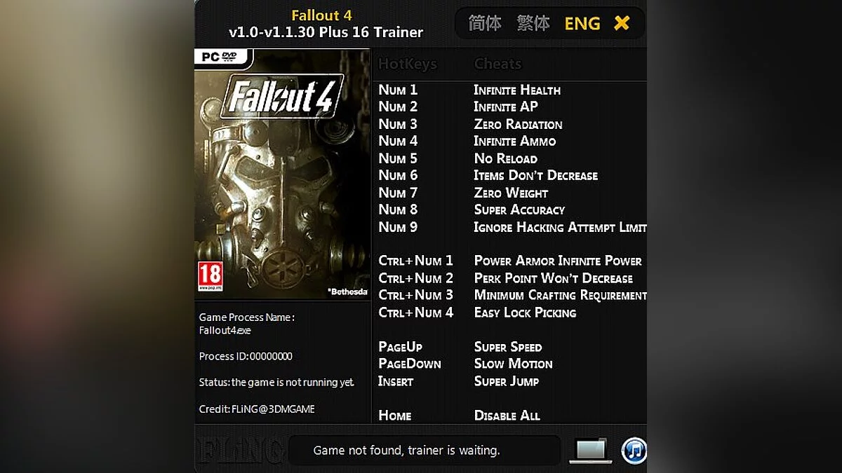 Fallout 4 — Trainer (+16) [1.0 - 1.1.30] [FLiNG]