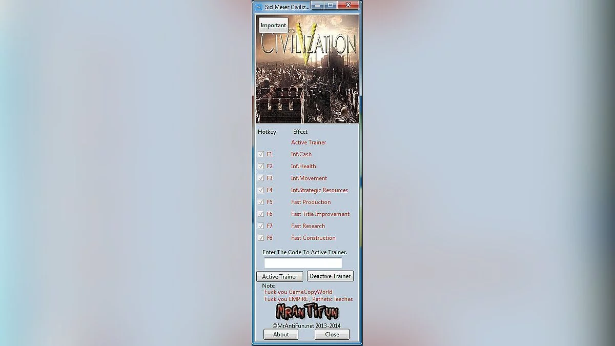 Sid Meier&#039;s Civilization 5 — Trainer (+8) [1.0.3.142] [MrAntiFun]