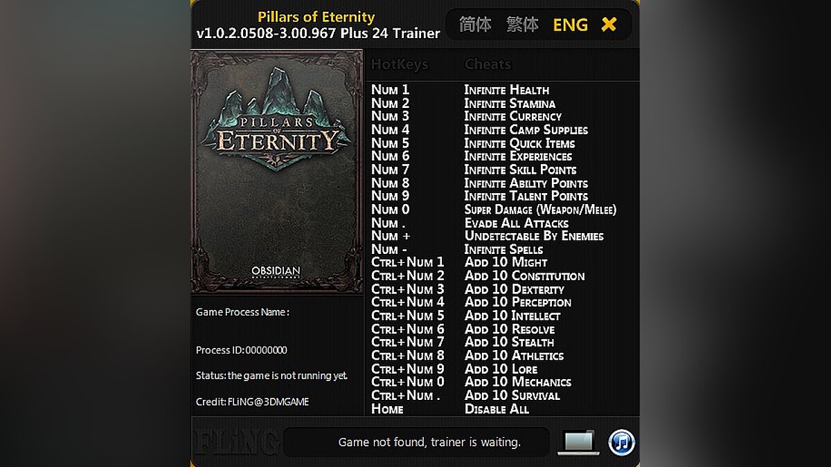 Pillars of Eternity — Trainer (+24) [1.0.2.0508 - 3.00.967] [FLiNG]