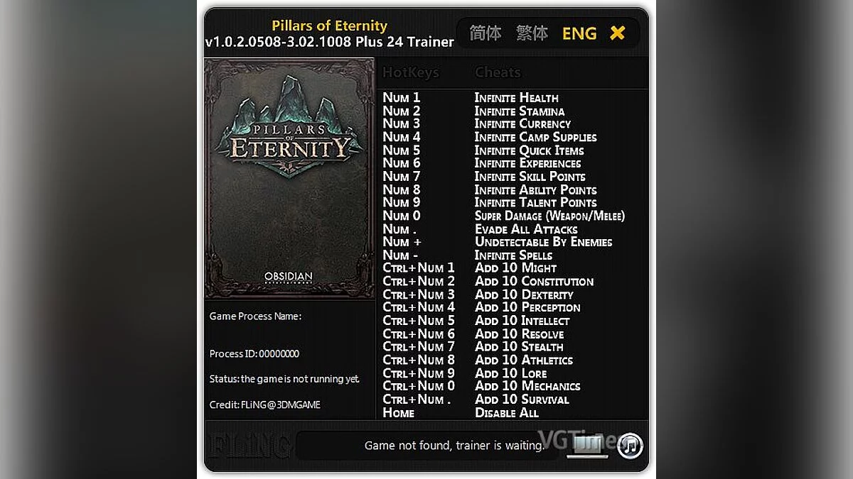 Pillars of Eternity — Trainer (+24) [1.0.2.0508-v3.02.1008] [FLiNG]