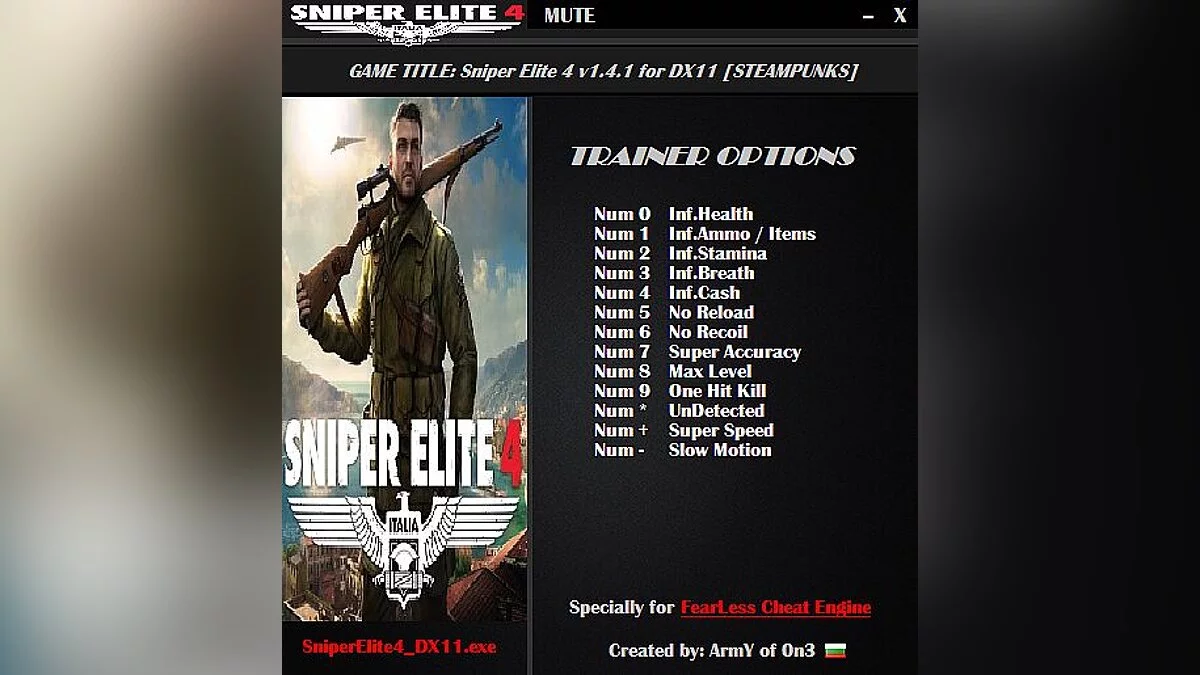 Sniper Elite 4 — Трейнер / Trainer (+13) [1.4.1 DX11-DX12] [ArmY of 0n3]