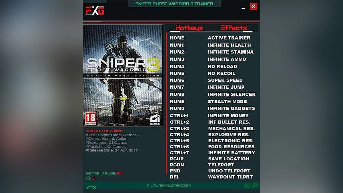 Sniper: Ghost Warrior 3 — Trainer (+19) [1.0.3] [FutureX]