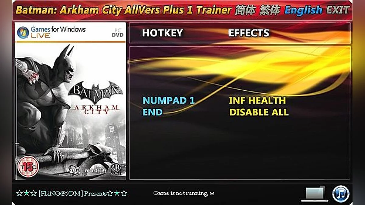 Batman: Arkham City — Trainer (+1: Immortality) [All Versions: 1.0 / Update 1 and Others - DX9 / DX11: Fixed] [FLiNG]