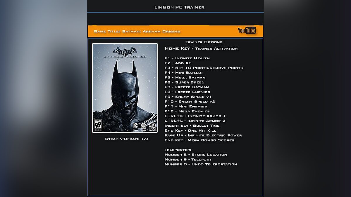 Batman: Arkham Origins — Trainer (+20) [1.9 ~ Update 9] [LinGon]