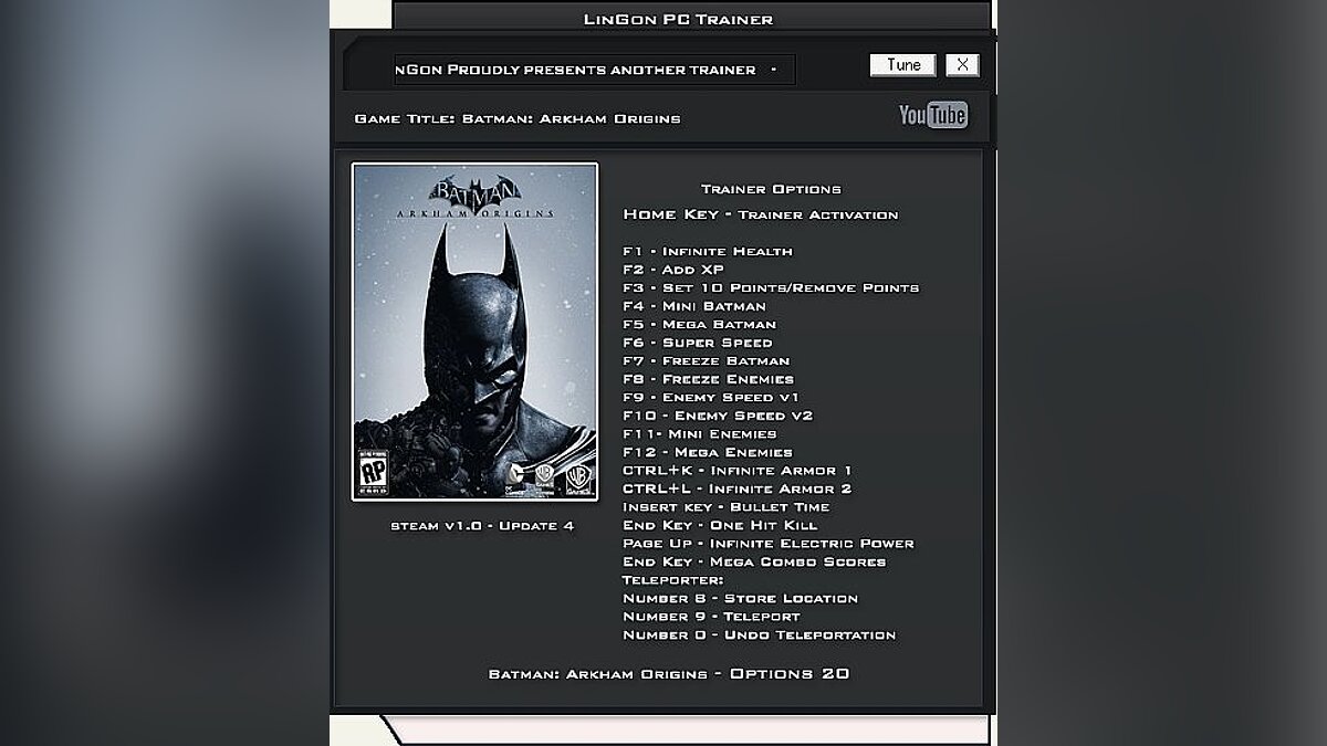 Batman: Arkham Origins — Trainer (+20) [1.8 ~ Update 8] [LinGon]