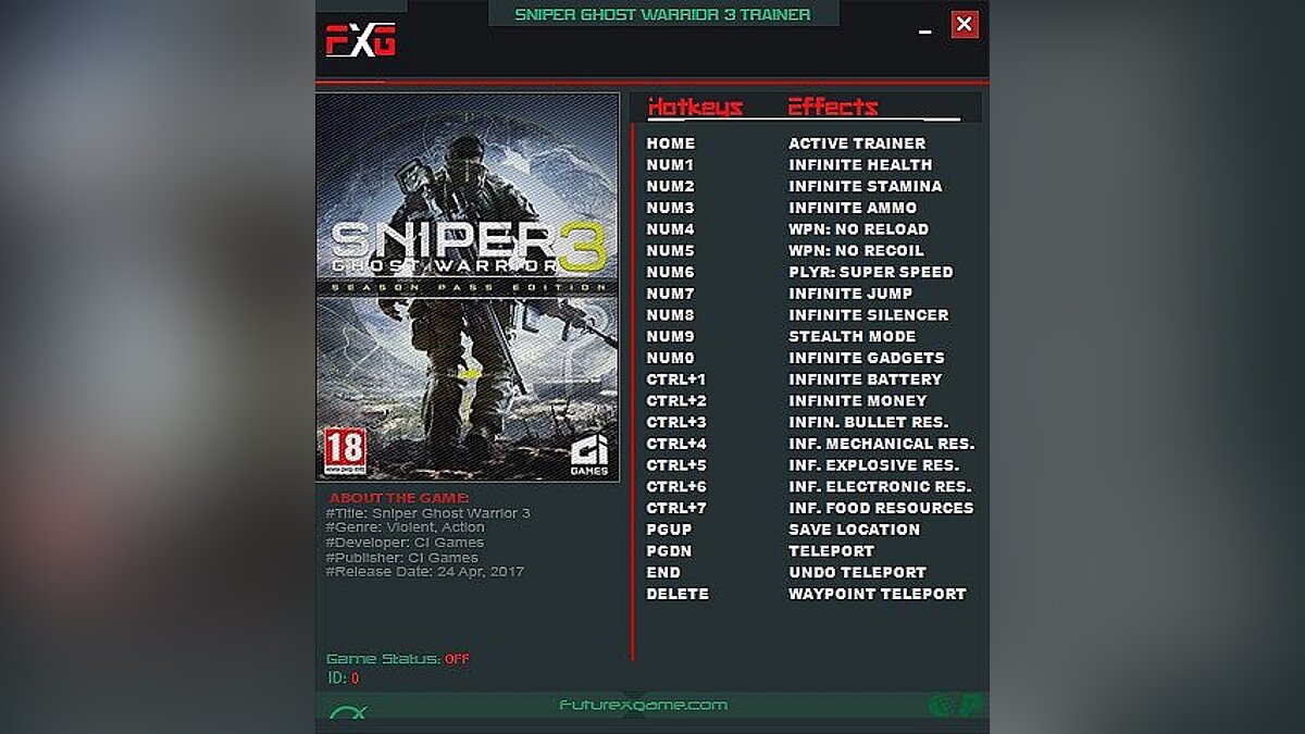 Sniper: Ghost Warrior 3 — Trainer (+19) [1.0 - 1.4] [FutureX]