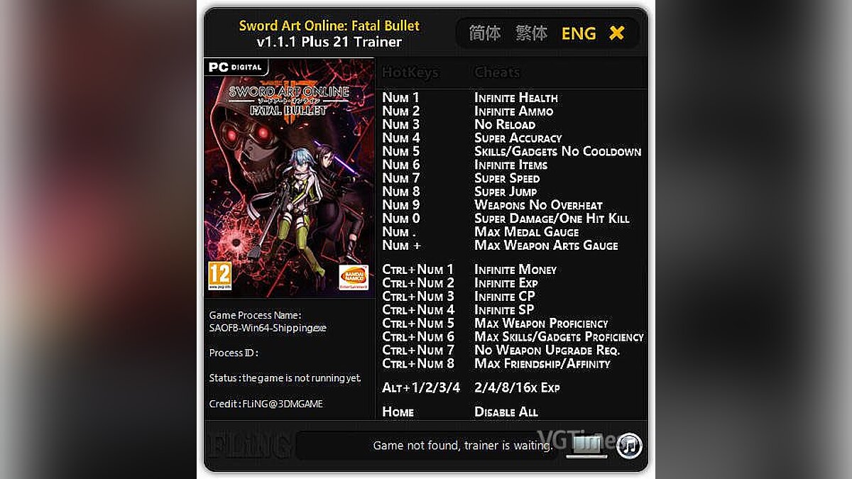 Sword Art Online: Fatal Bullet — Trainer (+21) [v1.1.1] [FLiNG]