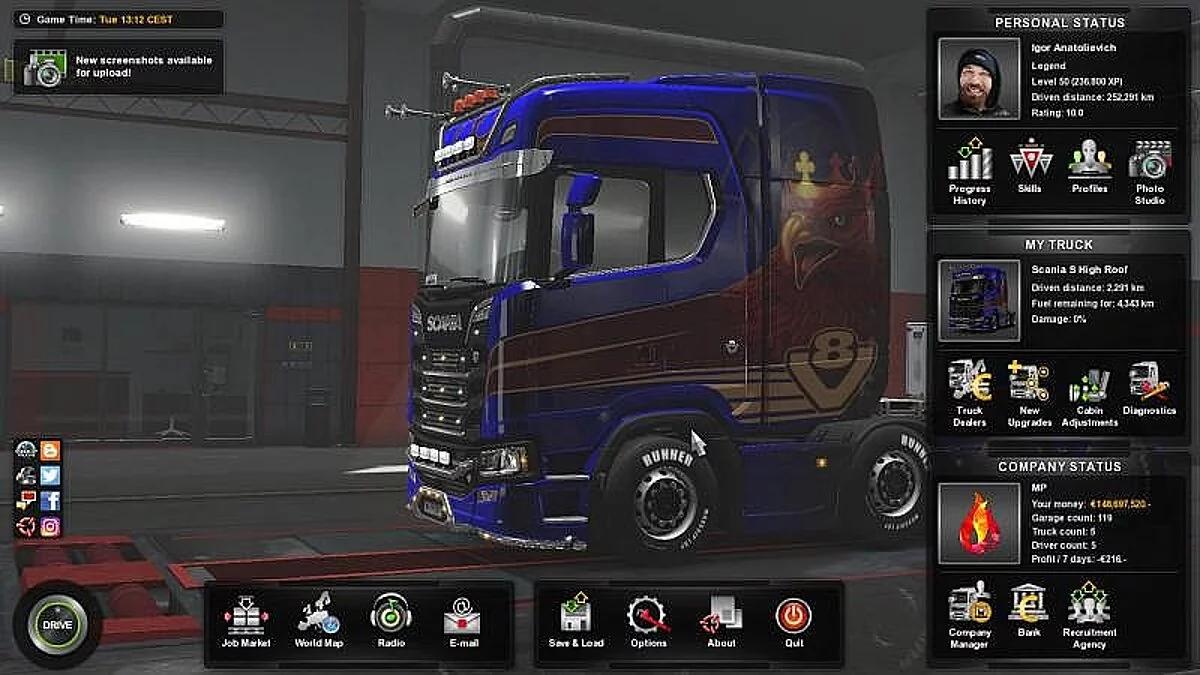 Euro Truck Simulator 2 — Сохранение / SaveGame (50 уровень, все гаражи, вся карта и много денег)