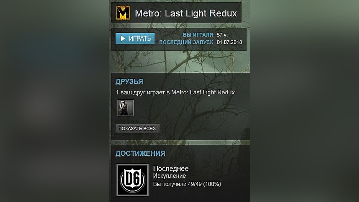 Metro: Last Light — Save / SaveGame (Game completed 100%, all STEAM achievements are unlocked)