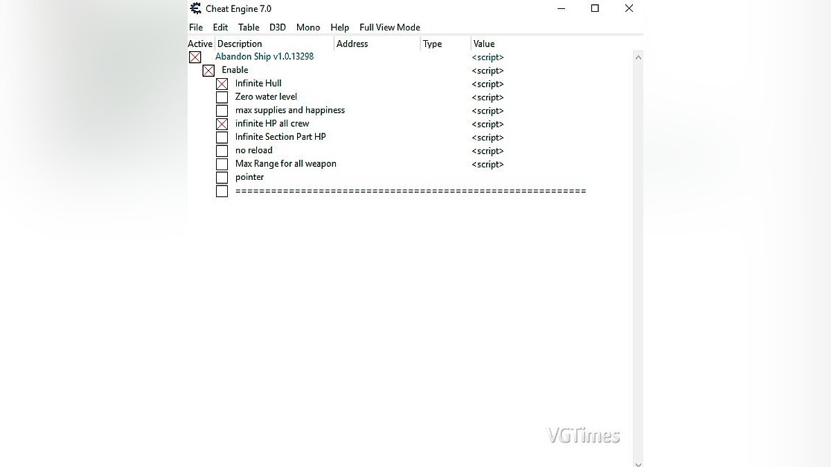 Abandon Ship — Table for Cheat Engine (+6)