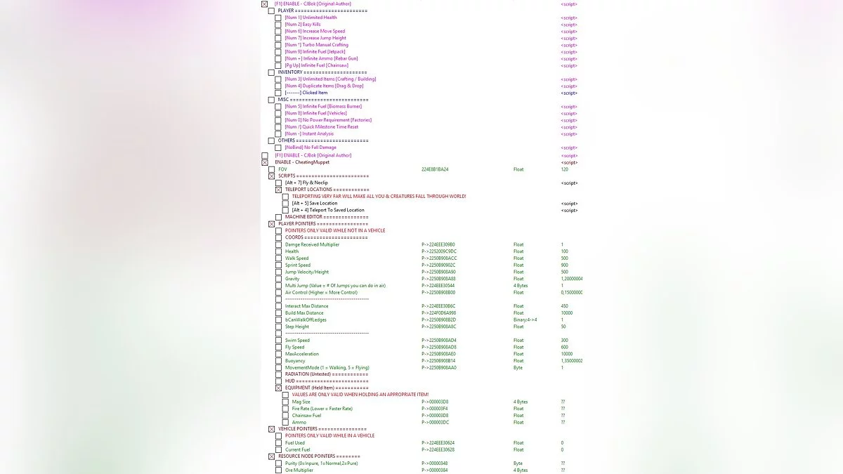 Satisfactory — Table for Cheat Engine [1.21.109693]