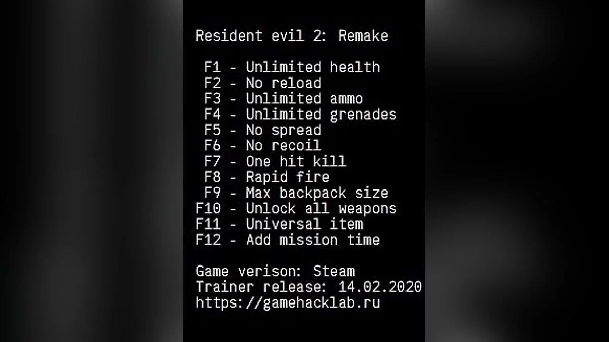 Resident Evil 2 — Trainer (+12) [Steam]