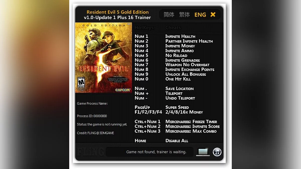 Resident Evil 5 — Entrenador (+16) para la versión 1.0 - 1.1