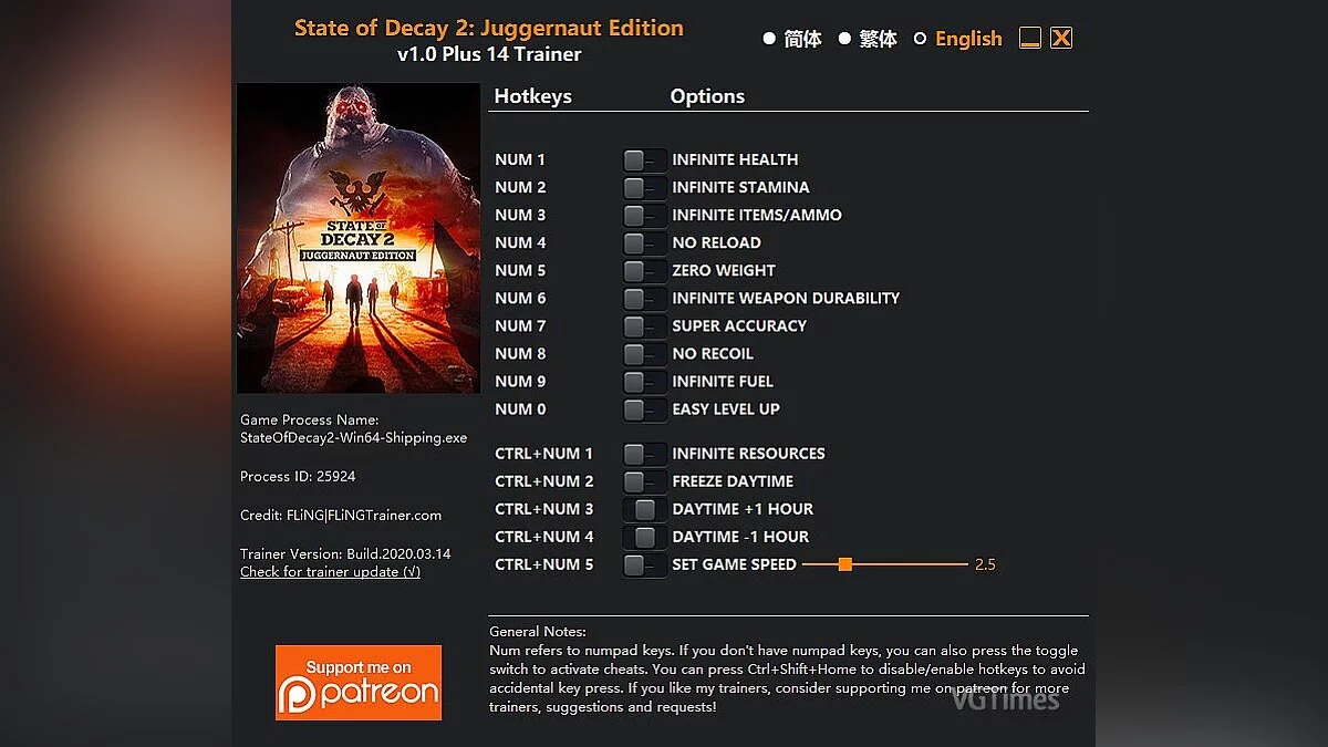 State of Decay 2 — Trainer (+14) [1.0 - Update: 03/14/2020]