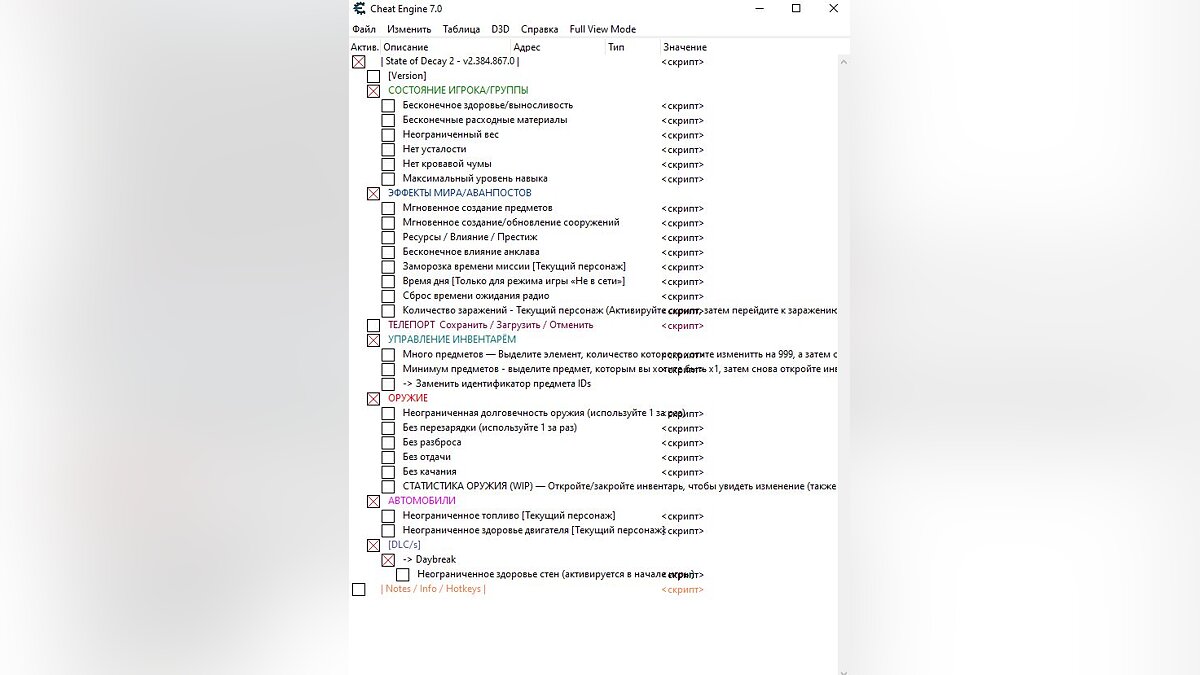 State of Decay 2 — Table for Cheat Engine [UPD: 03/20/2020] - RUS