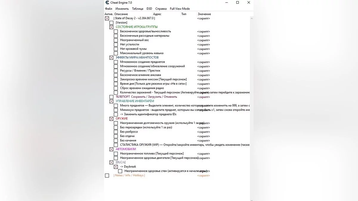 State of Decay 2 — Table for Cheat Engine [UPD: 03/20/2020] - RUS