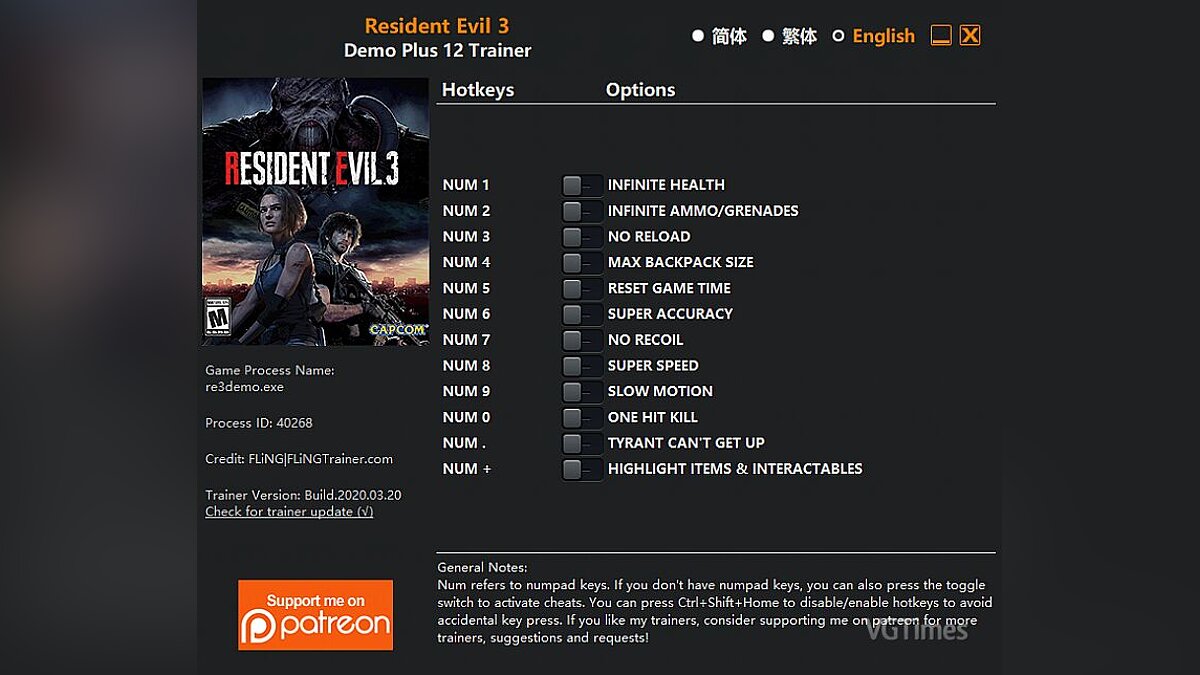 Resident Evil 3 — Trainer (+12) [DEMO]