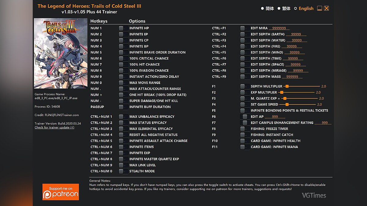 The Legend of Heroes: Trails of Cold Steel 3 — Trainer (+44) [1.03-1.05]