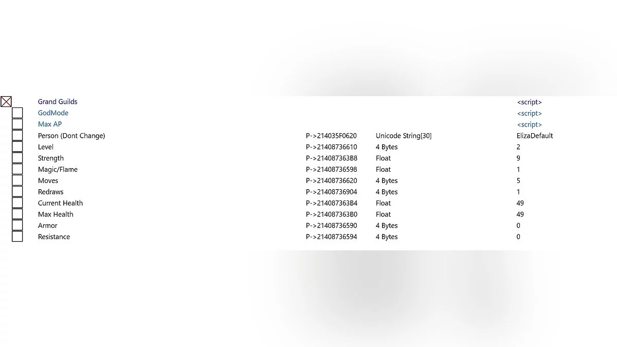 Tabla para Cheat Engine [1.0.0 y 1.01]