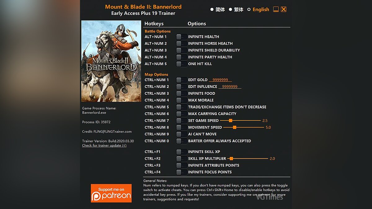 Mount &amp; Blade 2: Bannerlord — Trainer (+19) [EA: 03/30/2020] - Updated Version