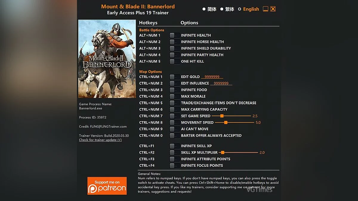 Mount &amp; Blade 2: Bannerlord — Trainer (+19) [EA: 03/30/2020] - Updated Version