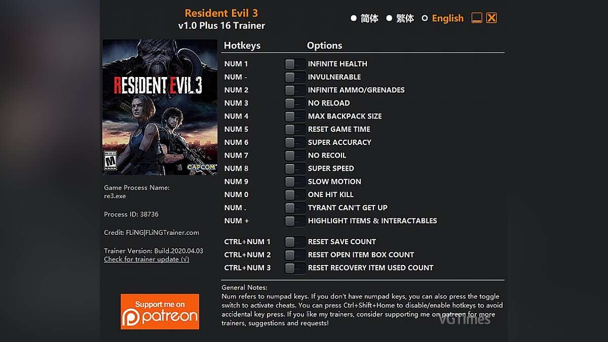 Resident Evil 3 — Trainer (+16) [1.0]