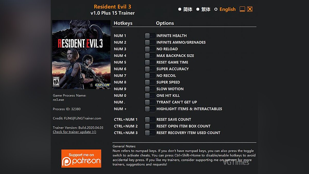 Resident Evil 3 — Trainer (+15) [1.0]