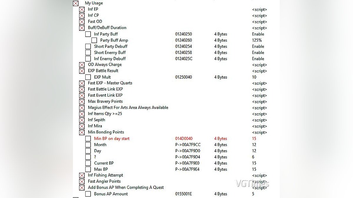 The Legend of Heroes: Trails of Cold Steel 2 — Table for Cheat Engine [04/12/20)]