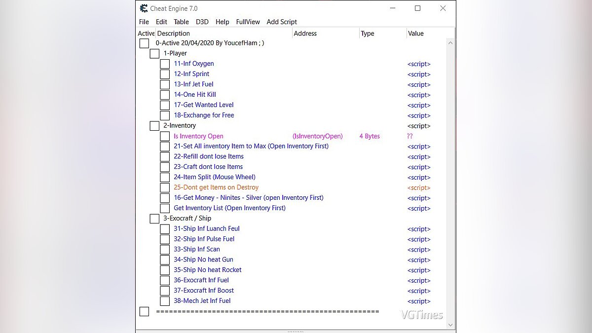 No Man&#039;s Sky — Table for Cheat Engine [UPD: 04/20/2020]