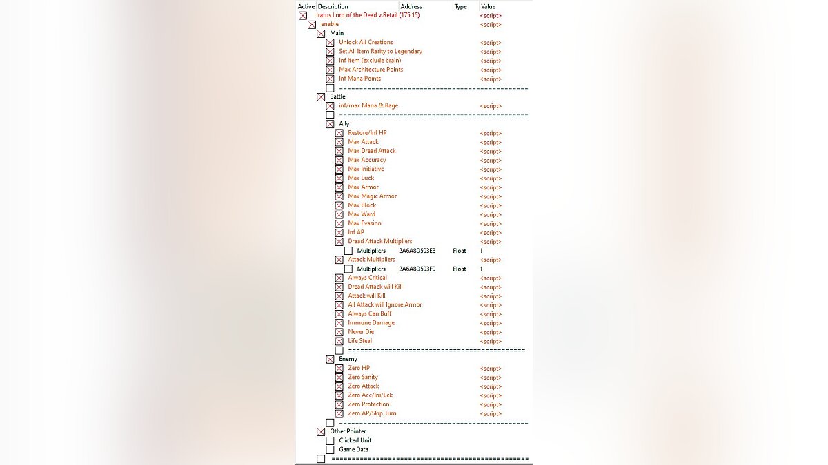 Iratus: Lord of the Dead — Table for Cheat Engine [175.15]