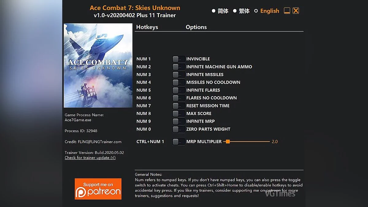 Ace Combat 7: Skies Unknown — Trainer (+11) [v1.0 - UPD: 04/02/2020]