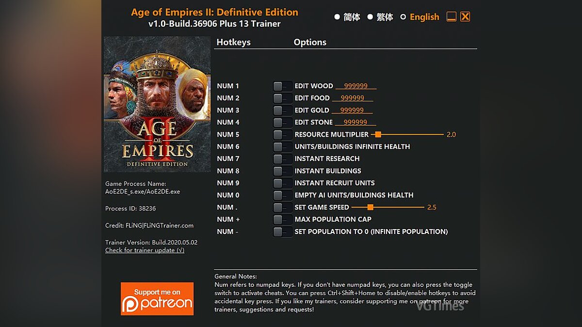 Age Of Empires 2: Definitive Edition — Trainer (+13) [1.0 - Build.36906]