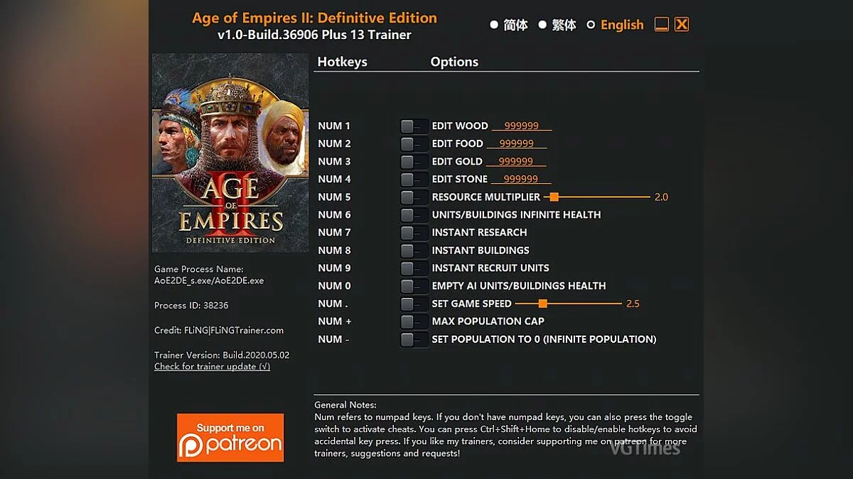 Age Of Empires 2: Definitive Edition — Trainer (+13) [1.0 - Build.36906]