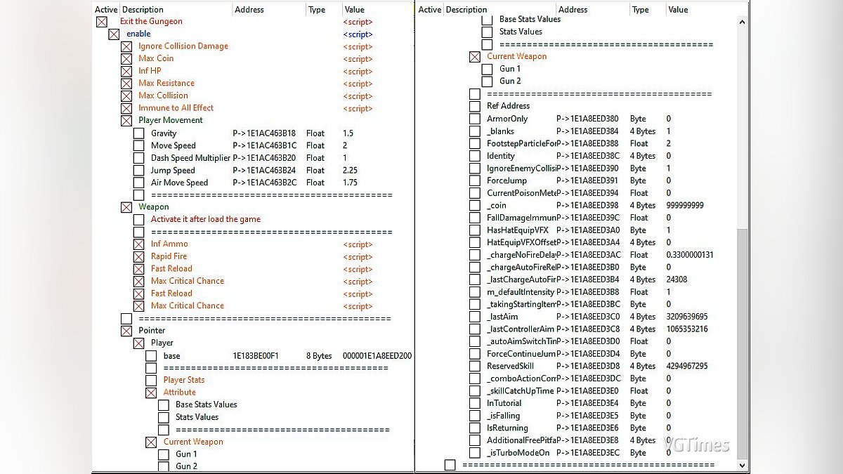 Exit the Gungeon — Table for Cheat Engine [UPD: 03/19/2020]