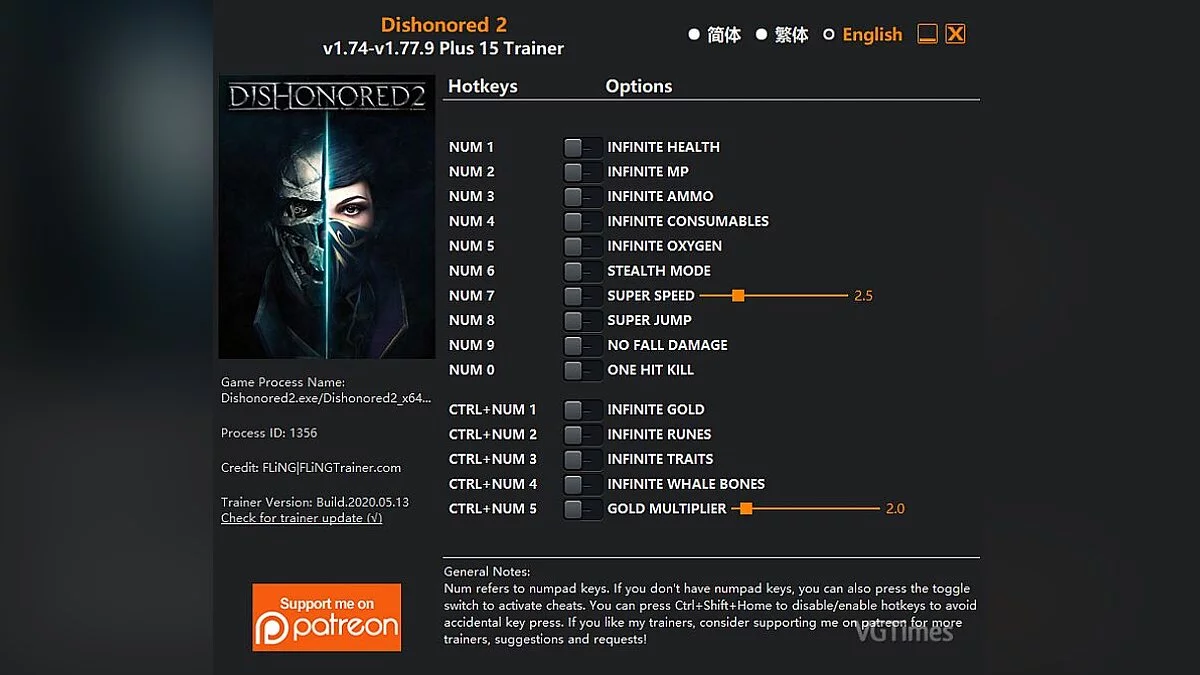 Dishonored 2 — Entrenador (+15) [1.74 - 1.77.9]