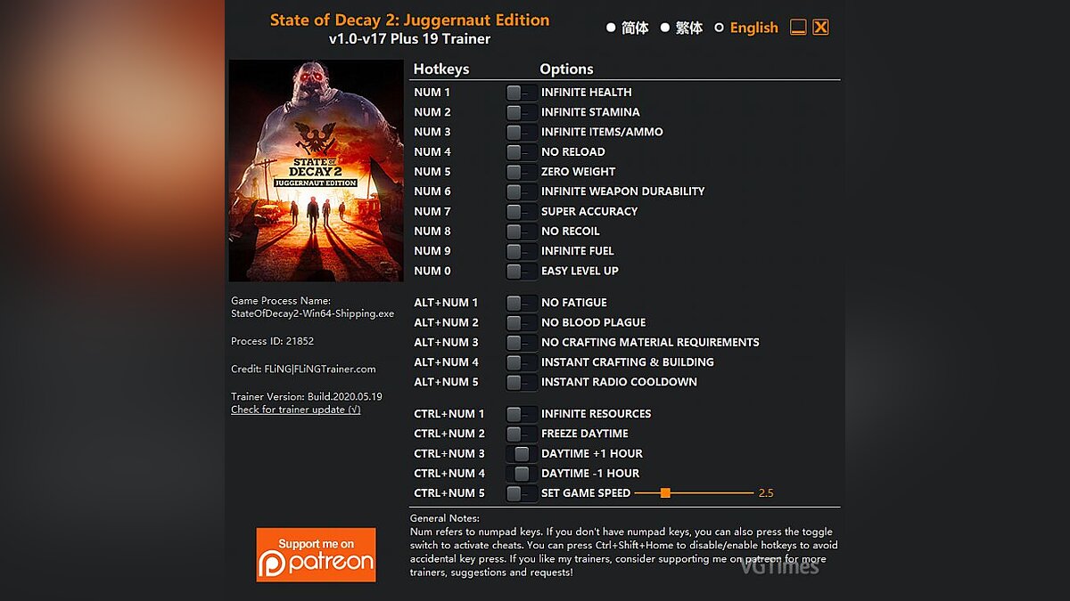 State of Decay 2: Juggernaut Edition — Trainer (+19) [1.0 - 17]