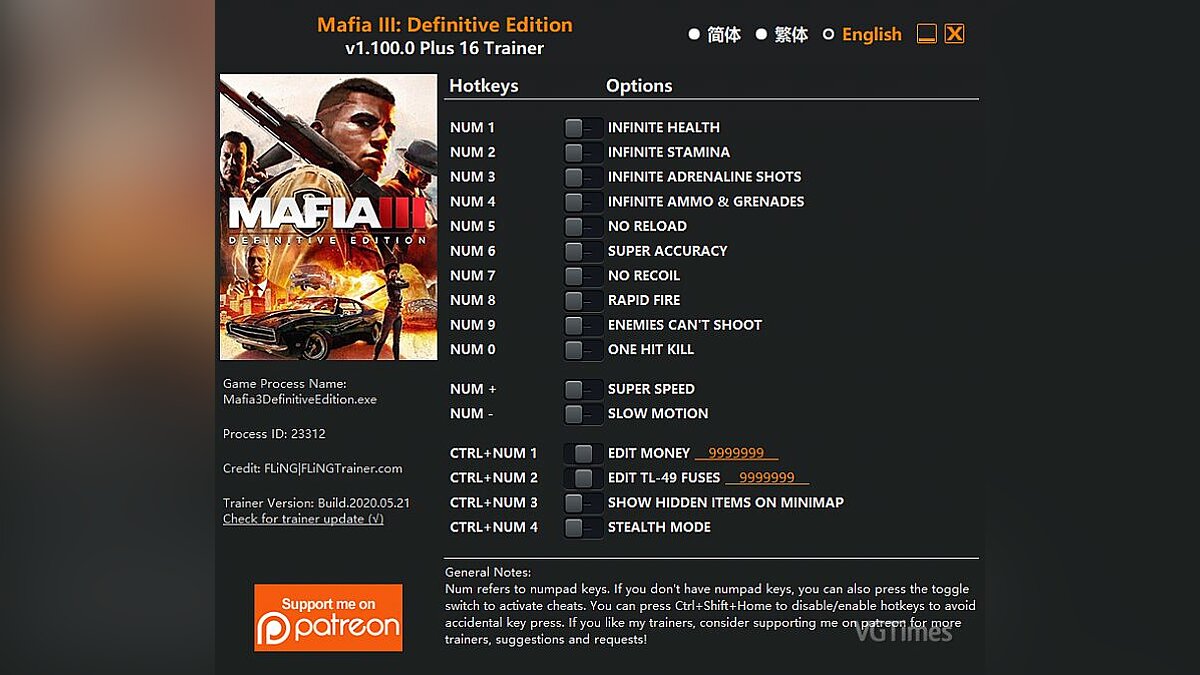 Mafia 3: Definitive Edition — Trainer (+16) [1.100.0]